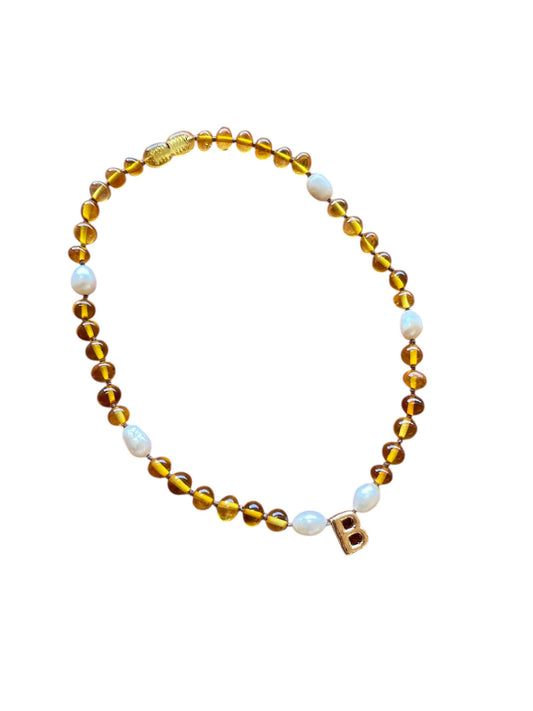 Baby Initial Necklace - Honey + Pearls