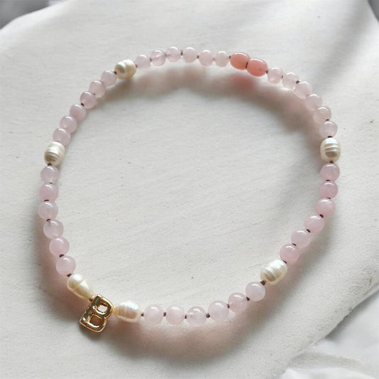 Baby Initial Necklace - Rose Quartz + Pearls