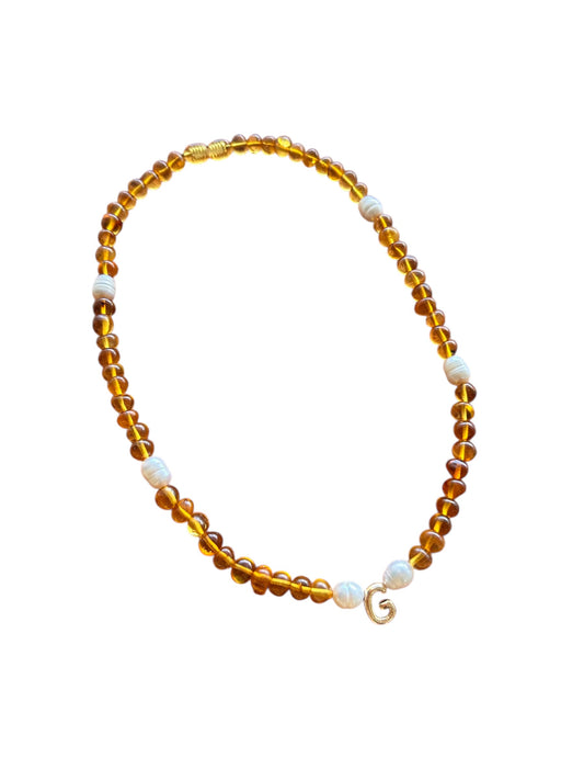 Adult Initial Necklace - Honey + Pearls