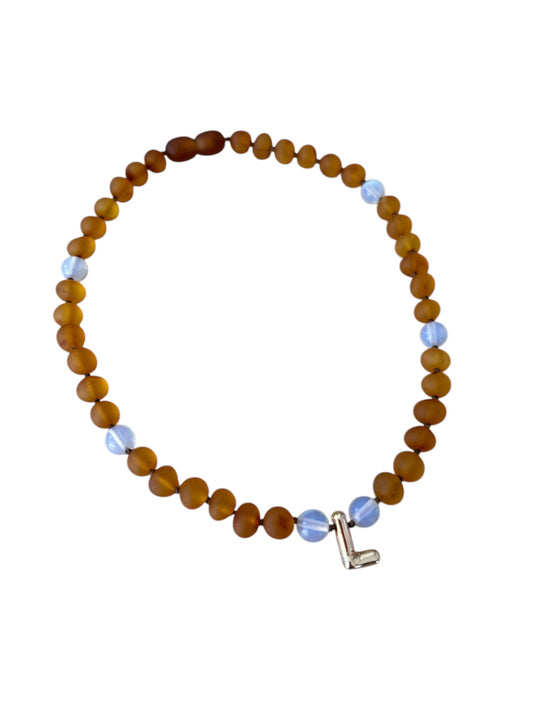 Baby Initial Necklace - Baltic Amber Cognac + Opals