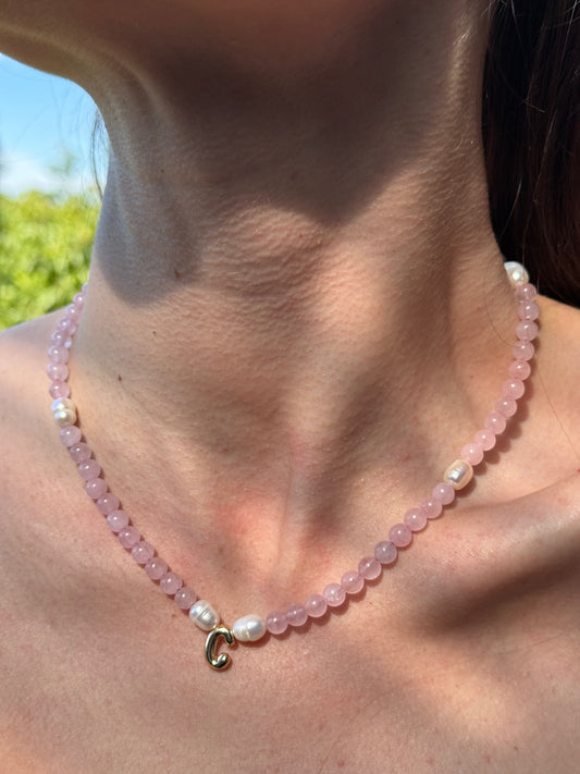 Adult Initial Necklace - Rose Quartz + Pearls