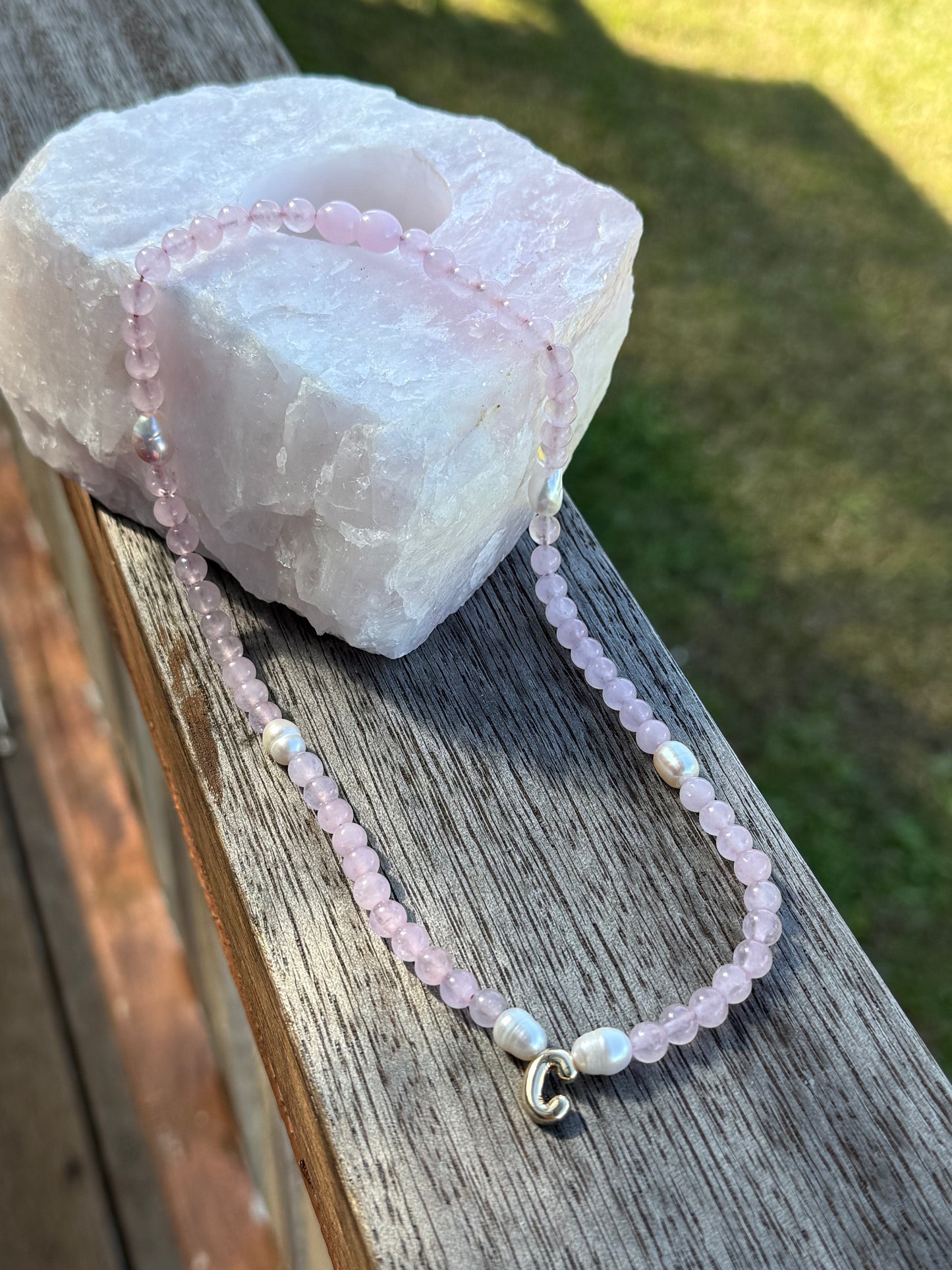 Adult Initial Necklace - Rose Quartz + Pearls
