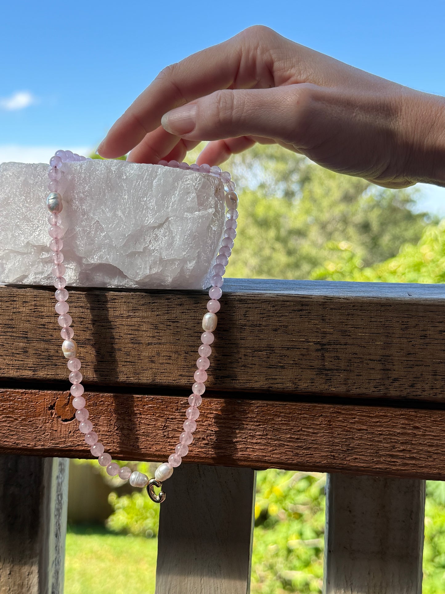 Adult Initial Necklace - Rose Quartz + Pearls