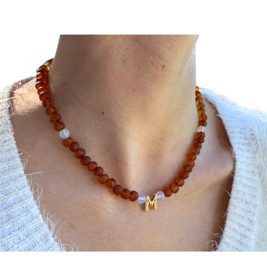 Adult Initial Necklace - Baltic Amber Cognac + Opals