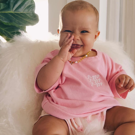 Baby Initial Necklace - Baltic Amber Lemon + Pearls
