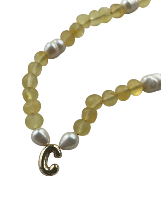 Adult Initial Necklace - Baltic Amber Lemon + Pearls