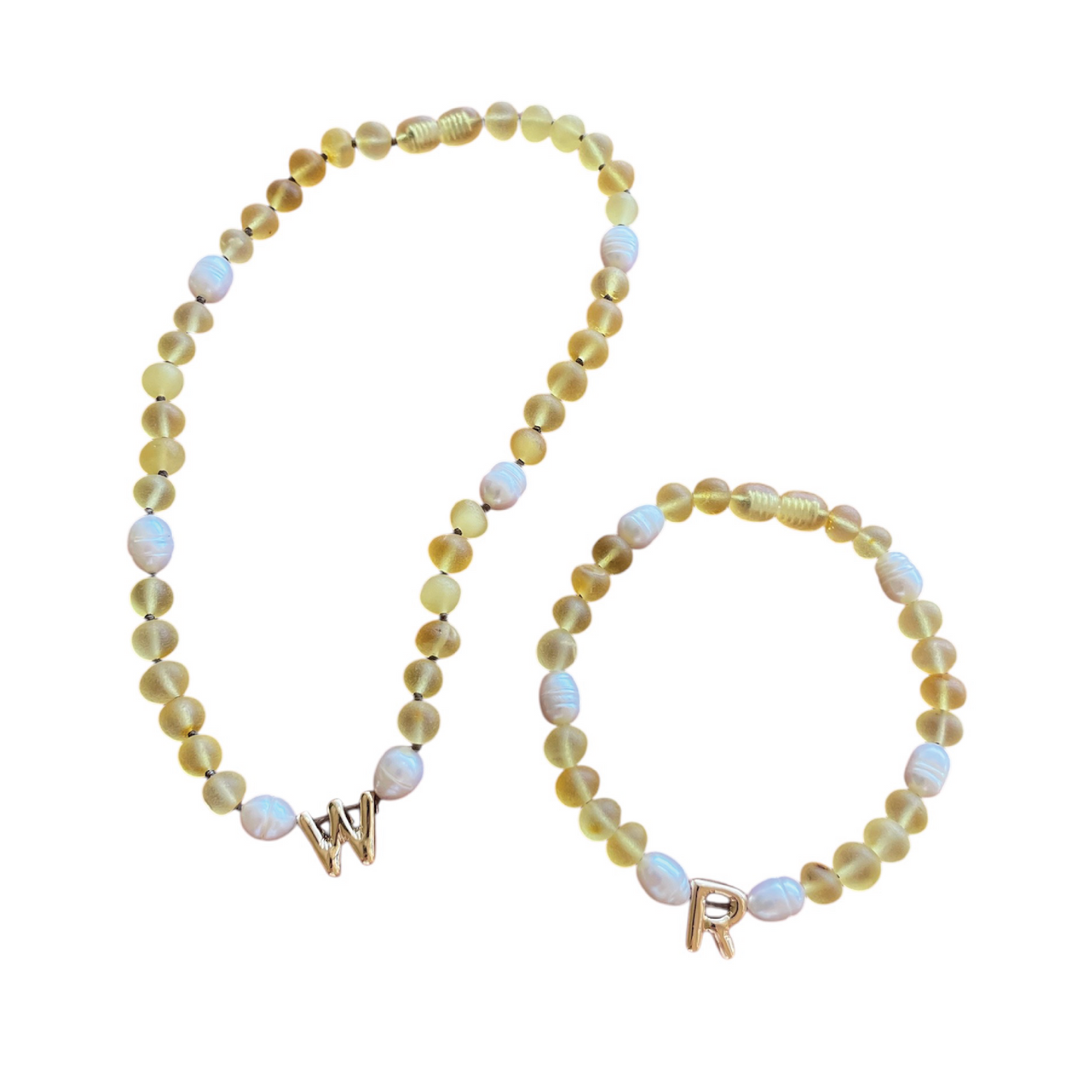 Adult Initial Necklace - Baltic Amber Lemon + Pearls