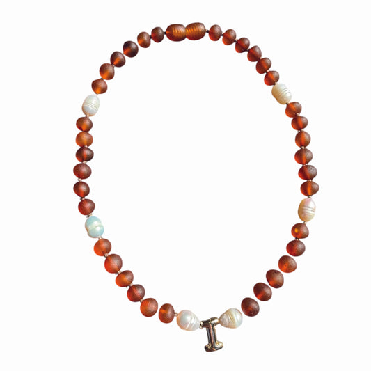 Baby Initial Necklace - Baltic Amber Cognac + Pearls