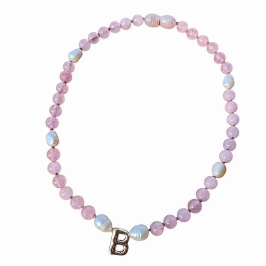 Baby Initial Necklace - Rose Quartz + Pearls