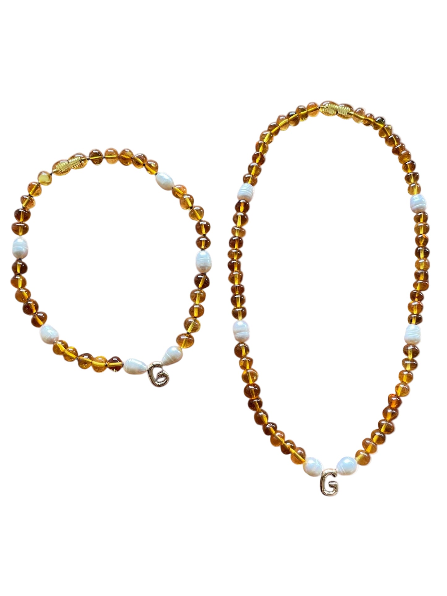 Adult Initial Necklace - Honey + Pearls