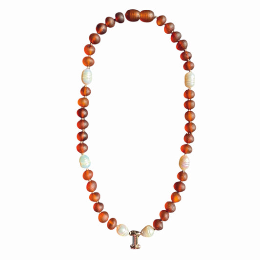 Baby Initial Necklace -  Baltic Amber Cognac + Pearls