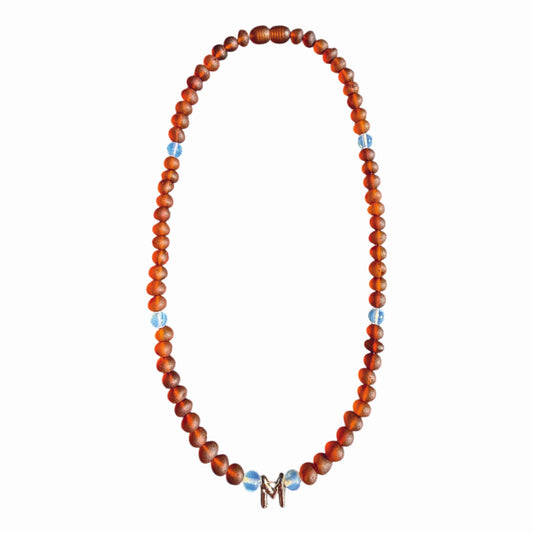 Adult Initial Necklace - Baltic Amber Cognac + Opals