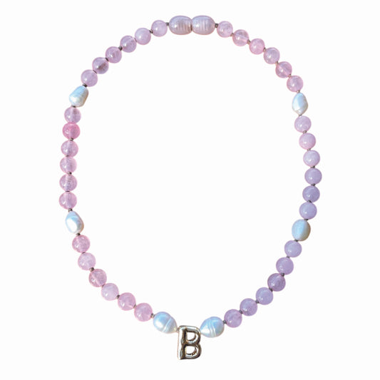 Baby Initial Necklace - Rose Quartz + Pearls