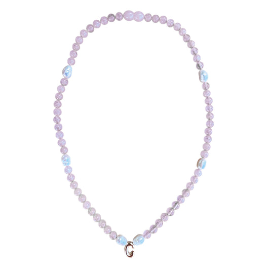 Adult Initial Necklace - Rose Quartz + Pearls